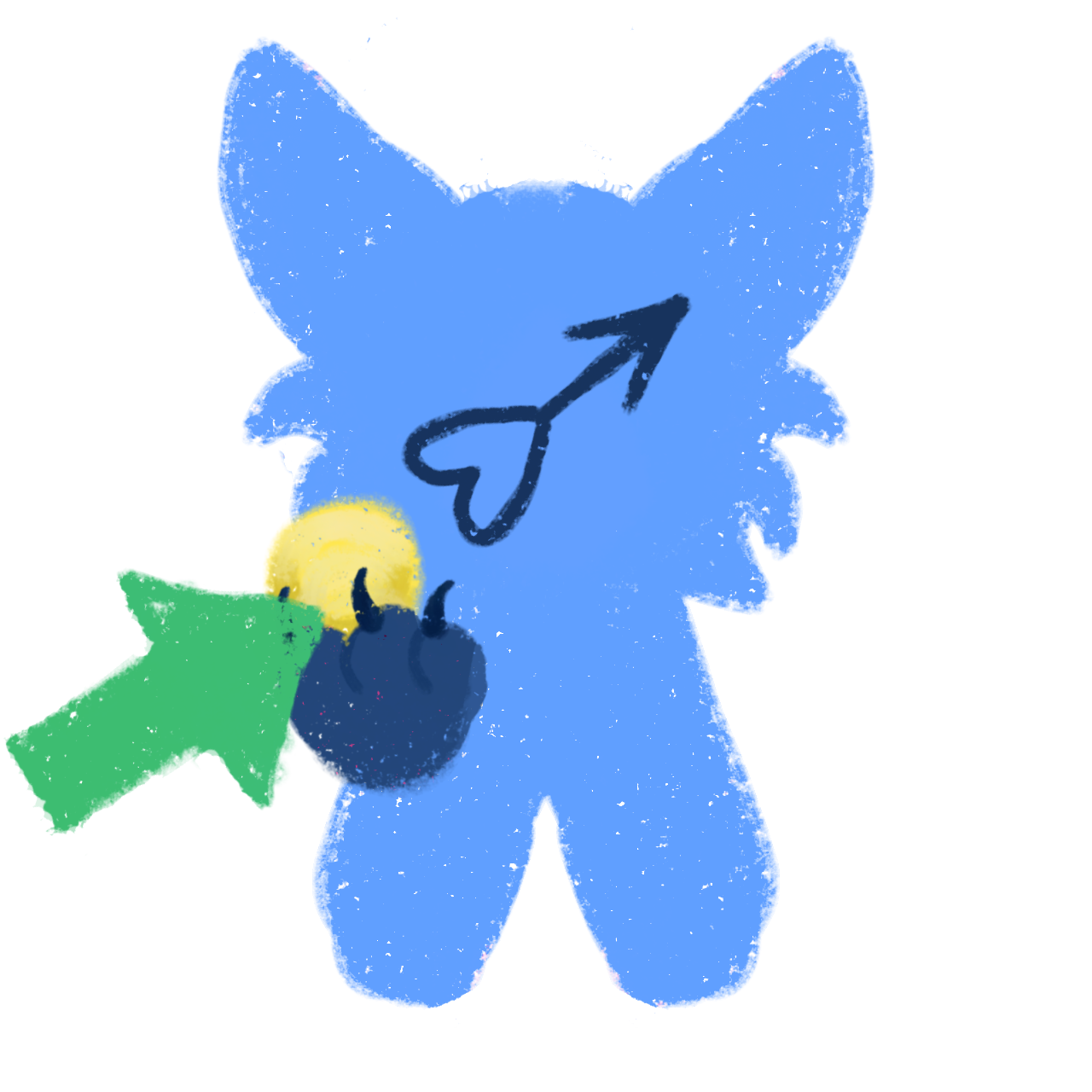 a simplified features a blue, rounded figure with large pointed ears resembling a stylized animal or plush toy. A heart-like symbol with a arrow on top, indicating masculinity, is drawn on the face hes holding up yellow ball in his paw, A green arrow points towards the figure, highlighting its significance. and the illustration has a rough, textured appearance.